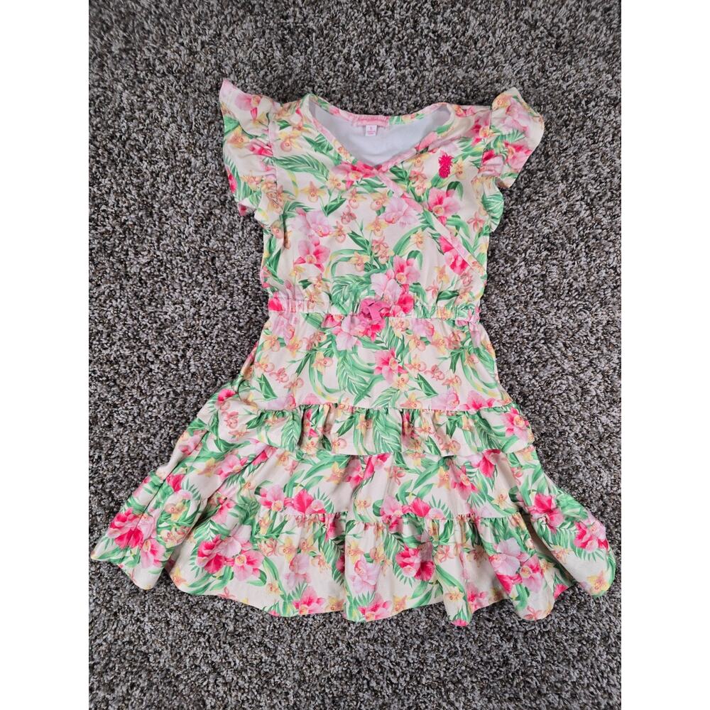 Tommy Bahama Girls Sz 5 Knee Length Flutter Sleeve Dress Pink Green Floral